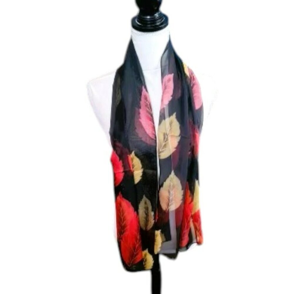 NWOT Elegant Black Scarf with Tan,β Pink and Red Leaf Design Weekend Casual